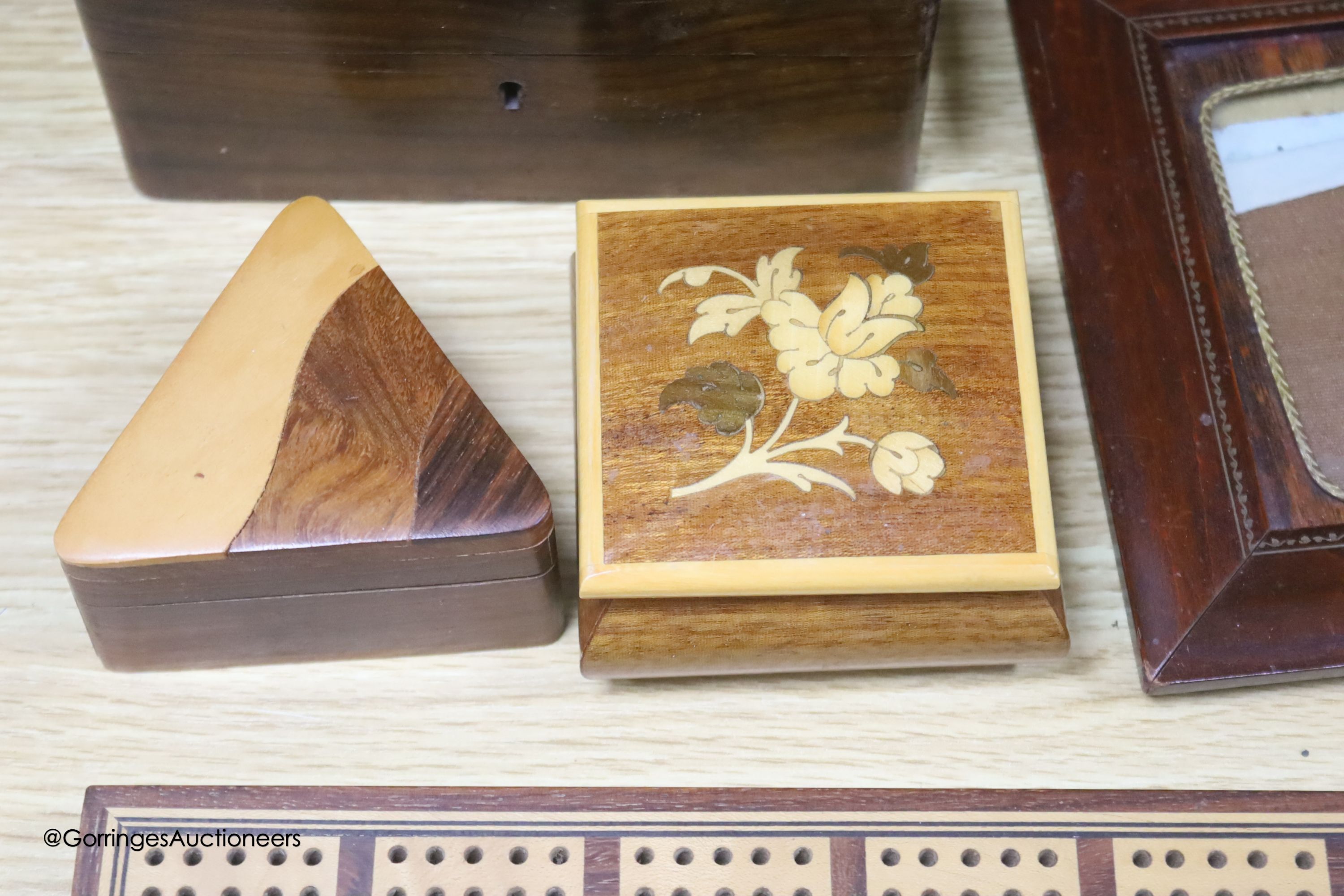 An inlaid writing slope, photo frames, boxes etc